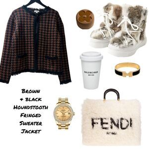SOLD -Brown & black Houndstooth Fringed Sweater Jacket